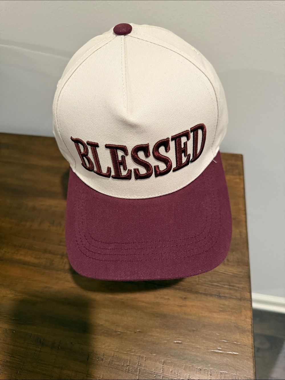 Zenana Outfitters Two-Tone Cream and Burgundy 'BLESSED' Baseball Hat